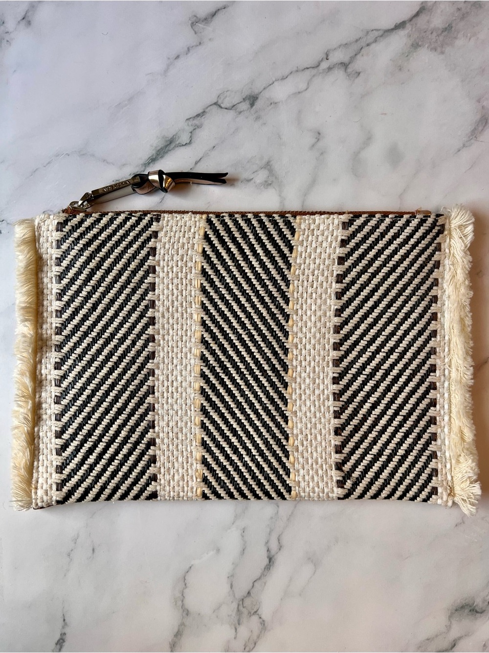 Violet Ray Woven Stripe Fringe Clutch Purse Bag Cream and Black
